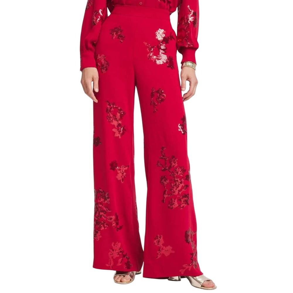 NWT Chico's Wide Leg Pants 3 16R Red Sequin Floral Embroidery Pull‎ On Party